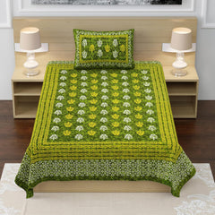 100% Cotton Single Bed Sheet With 1 Pillow Cover - 56 X 86 Inches, Green & White | Super Soft Microfiber, Breathable Wrinkle, Fade Resistant