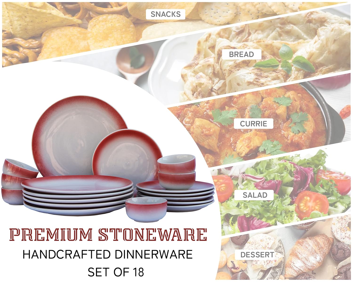 Handcrafted Ceramic Stoneware Dinner Set Of 18 - Off White & Red | 6 Dinner Plates, 10 Inch Each+ 6 Small Plates, 7 Inch Each + 6 Small Dinner Bowls, 180ml Each | Microwave & Dishwasher Safe Handcrafted Ceramic Stoneware Dinner Set Of 18 - Off White & Red | 6 Dinner Plates, 10 Inch Each+ 6 Small Plates, 7 Inch Each + 6 Small Dinner Bowls, 180ml Each | Microwave & Dishwasher Safe