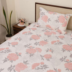 Microfiber Bedsheet For Single Bed With 2 Pillow Covers Breathable - Size 68 X 90 Inch, White & Blush Petals | 186 Thread Count - Floral Design Single Bed Sheet