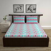 Cotton Double Bedsheet With 2 Pillow Covers | 87 X 100 Inches, Aqua & Red - Soft & Breathable Fabric | Comfortable For Daily Use