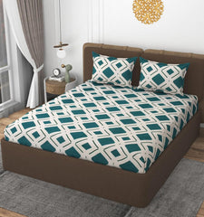Double Bedsheet With 2 Pillow Covers Size 72 X 72 X 10 Inches, Cream & Green | Cotton Feel All Around Elastic Fitted - Queen Size Bedsheets, Super Soft