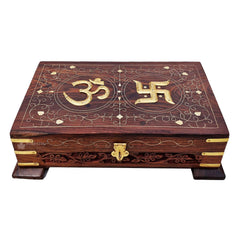 Wooden Om Box For Good Luck, Jewellery Box, Decorative Cash, Kit, Vanity | Organiser For Women, Necklaces, Cash, Gold Padestal Engraved 10 X 6, Colour - Brown