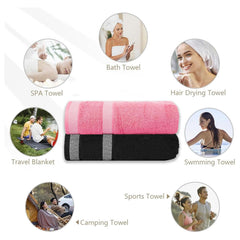 Casa Copenhagen Designed In Denmark Solitaire Super Soft 2 Pieces 100% Cotton Large Bath Towel 525 Gsm - Black & Pink