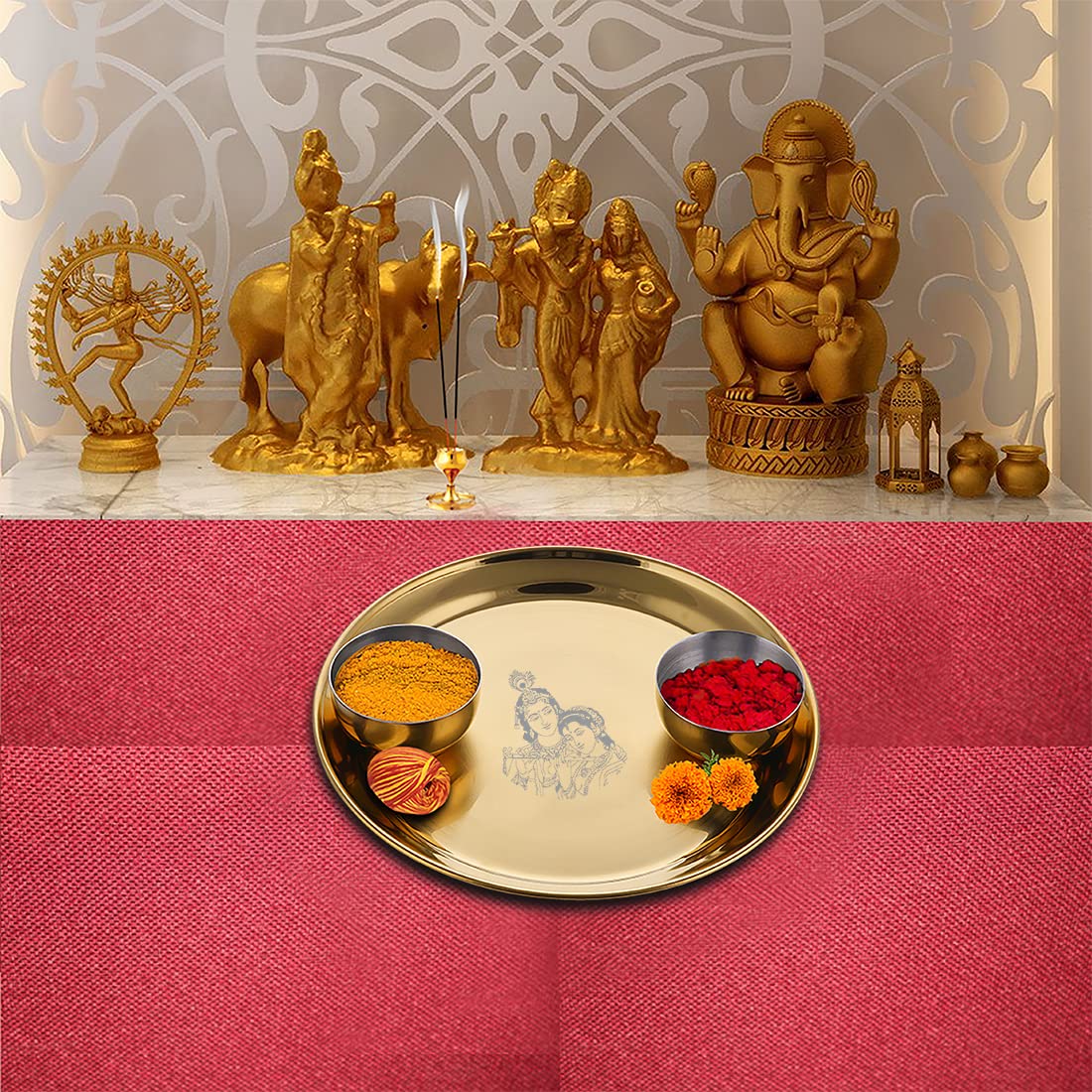 Stainless Steel Radha Krishna Pooja Thali Set Of 3, Gold PVD Coating | 1 Pooja Thali+ 2 Katoris - Easy To Clean & Dishwasher Safe Stainless Steel Radha Krishna Pooja Thali Set Of 3, Gold PVD Coating | 1 Pooja Thali+ 2 Katoris - Easy To Clean & Dishwasher Safe