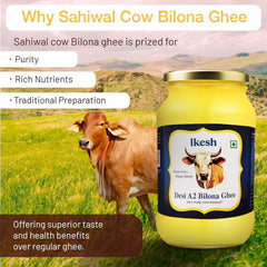 Organic A2 Bilona Cow Desi Ghee By Ikesh | High In Protein Fiber Healthy Desi Bilona Method Ghee Perfect For Sweets | (1 Litr) 33.8 Ounce | Jar Pack