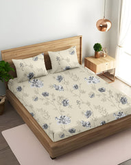 King Size Fitted Bedsheet With 2 Large Pillow Covers - 108 X 108 Inches, Cream & Grey | Soft, Breathable & Durable | Wrinkle Resistant