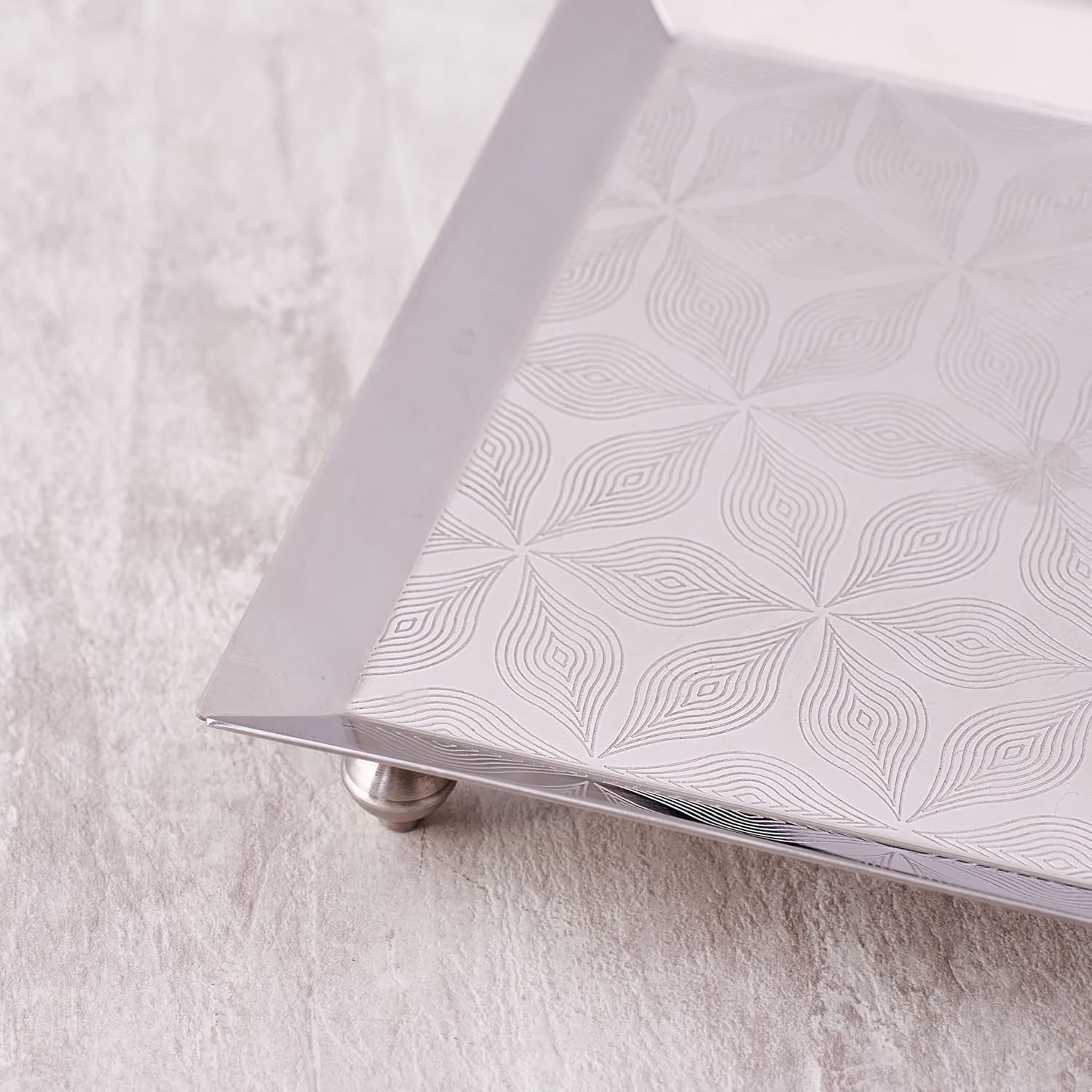 Designer Chrome Stainless Steel Square Platters With Legs - Large | Serving Tray For Food Dessert Fruit Coffee Tea - Square Engraved Pattern Designer Chrome Stainless Steel Square Platters With Legs - Large | Serving Tray For Food Dessert Fruit Coffee Tea - Square Engraved Pattern