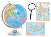 Educational Globe Rotating World Globe With Steel Finish Arc & Base + Magnifying Glass + World Political Map | For Kids Learning, Students & Home Decor, Office Desk, Combo Pack