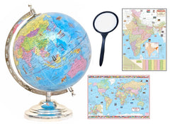 Educational Globe Rotating World Globe With Steel Finish Arc & Base + Magnifying Glass + World Political Map | For Kids Learning, Students & Home Decor, Office Desk, Combo Pack