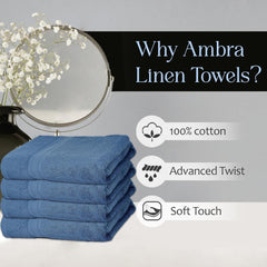 Ambra Linens 100% Cotton Large Size Bath Towel 2 Kg | Highly Absorbent Soft & Plush All Seasons Use (Dark Blue) - 4 Pcs