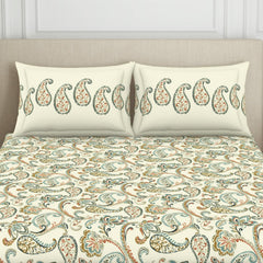 Double Bedsheet With 2 Pillow Covers (Size 88 X 100 Inch) Cream | Breathable Pure Cotton Queen Size Bedsheet | Floral Design Bedsheet