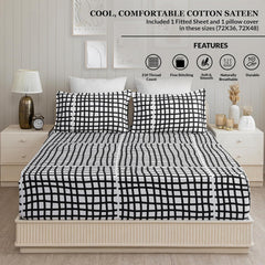 1 Fitted Single Bedsheet With 1 Matching Pillow Cover - 72 X 48 Inches, White & Black | Perfect Gifting For Wedding Anniversary