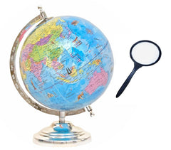 Educational Globe Rotating World Globe With Steel Finish Arc & Base + Magnifying Glass + World Political Map | For Kids Learning, Students & Home Decor, Office Desk, Combo Pack