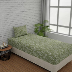 144 TC Single Bedsheet Elastic Fitted Pure Cotton With 1 Pillow Cover - 36 X 78 Inches, Sage Green | Breathable & Wrinkle Free Bedsheet