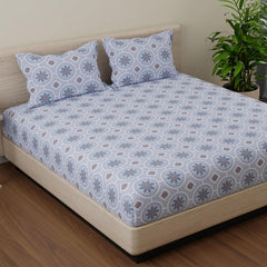 Printed Queen Size Bedsheet Two Pillow Cover - 88 X 96 Inches, Brown & Blue | Soft & Comfortable Sleep Experience | 144 Thread Count