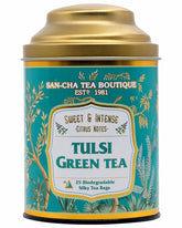 San-Cha Tulsi Green Tea - 25 Biodegradable Silky Tea Bags | Sweet & Intense Citrus Notes - Environment Friendly & Made In Corn Fiber | Low Caffeine