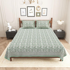 Pure Cotton King Size Bedsheet 2 Matching Pillow Covers | 100x108 Inches, White & Green | Traditional Jaipuri Printed Bedsheet | Ideal Wedding Gift, Housewarming, Special Occasion Surprise