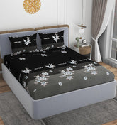 Printed Double Bedsheet With 2 Matching Pillow Covers - 72 X 78 X 10 Inches, Black & Grey | All Around Elastic Fitted King Size Bedsheets | Ideal For Home, Hotel, Bedroom