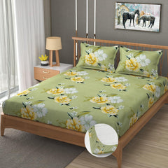 Elastic Fitted Double Bedsheets For King Size With 2 Pillow Covers - 72 X 78 X 10 Inches, Light Green | Premium Heavy Cotton All Around Elastic Fitted | Ideal For Hotel, Home, Bedroom