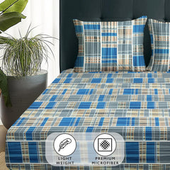 1 Piece Microfiber Bedsheet For Double Bed With 2 Pillow Covers - 88 X 98 Inches, Blue & Grey | Cotton Bedsheet, Breathable & Wrinkle Free