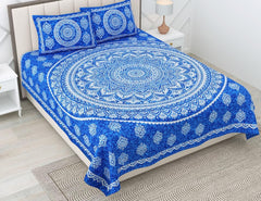 Pure 100% Cotton Double Bed Sheet With 2 Pillow Covers - 90 X 100 Inches, Blue & White | Beautifully Handcrafted Traditional Bedsheets - Skin Friendly Fabric