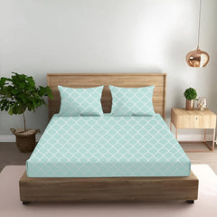 King Size Fitted Bedsheet With 2 Large Pillow Covers - 108 X 108 Inches, Sea Green & White | Soft, Breathable & Durable | Wrinkle Resistant