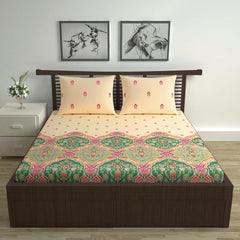 100% Cotton Double Bedsheet With 2 Pillow Cover - 87 X 100 Inches, Cream & Pink | Lightweight, Soft, Skin Friendly - Durable Bedsheets For Everyday Comfort