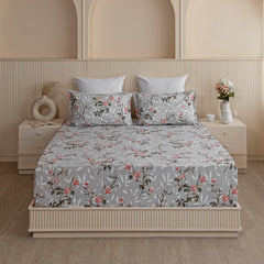 Perfect King Size Bedsheet With Two Matching Pillow Cover - 84 X 78 Inches, Grey & Peach | All Around Elastic Fitted Bedsheet | Wrinkle Free