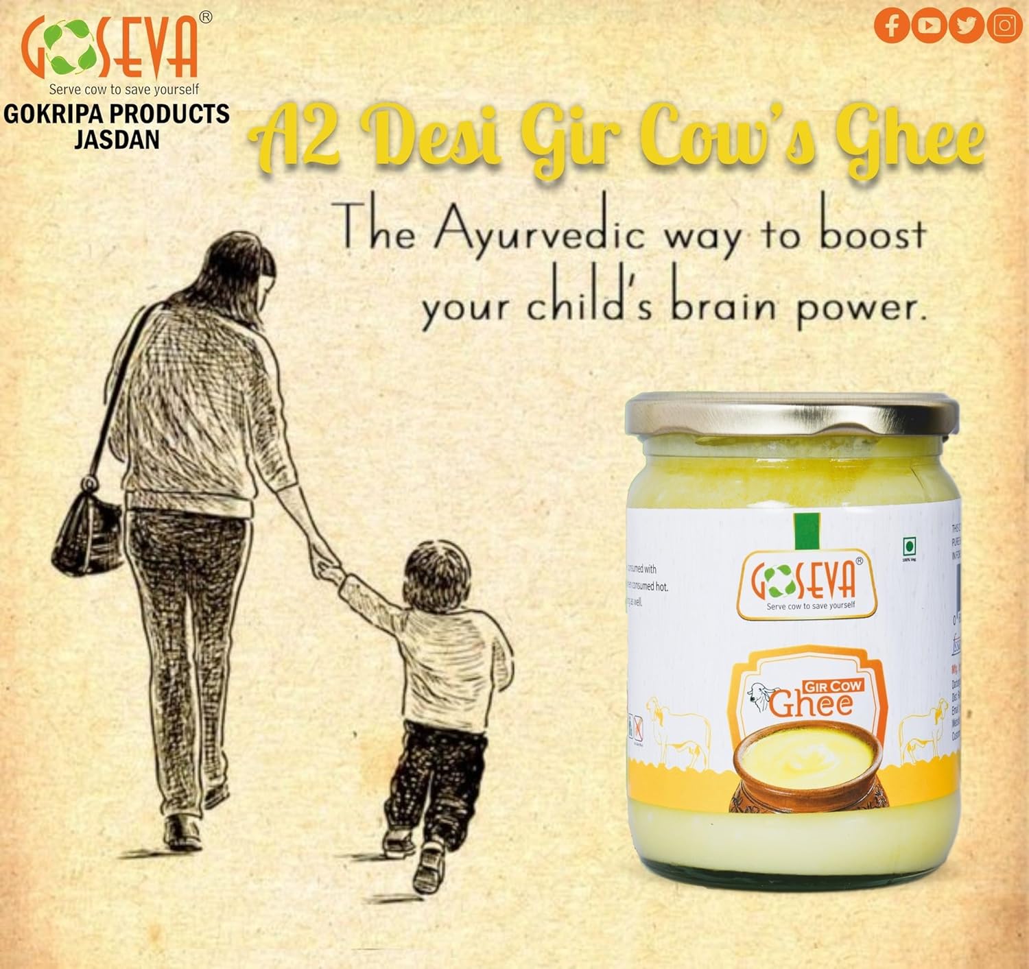 Organic Natural Real Bilona Ghee By Goseva | High In Protein Fiber Healthy Desi Ghee Good For Cooking | 1 Litre (500ml * 2) 33.8 Ounce | Jar Pack Organic Natural Real Bilona Ghee By Goseva | High In Protein Fiber Healthy Desi Ghee Good For Cooking | 1 Litre (500ml * 2) 33.8 Ounce | Jar Pack