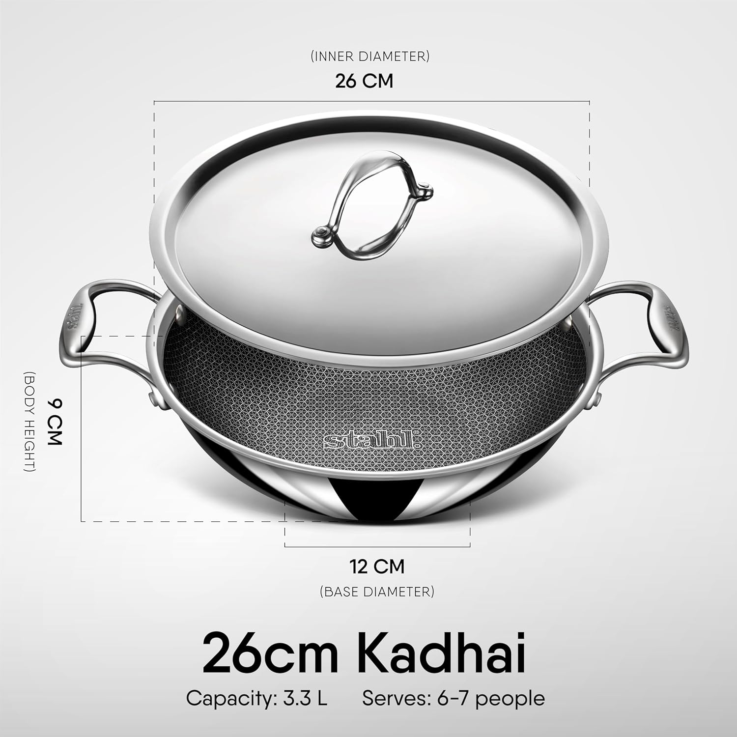 Artisan Hybrid Triply Non Stick Kadai With Lid, 3.3 Liters | Stainless Steel Kadhai, 26cm - Induction Friendly Artisan Hybrid Triply Non Stick Kadai With Lid, 3.3 Liters | Stainless Steel Kadhai, 26cm - Induction Friendly