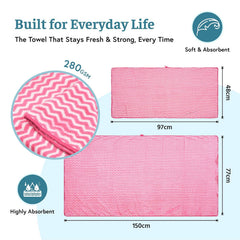 Kuber Industries Cotton Bath & Hand Towels 1400 Gsm | Quick Absorbent Easily Washable For Men & Women Workout Gym Napkins For Men - Zig Zag - Pink (Pack Of 4)