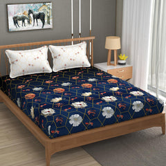 Printed King Size Bedsheet With 2 Pillow Cover - 108 X 108 Inches, Royal Blue & White | Double Bed Breathable & Wrinkle Free | All-Season Comfort Bedsheet