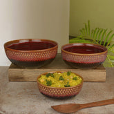 Studio Pottery Ceramic Serving Bowls Set Of 3 - 1700ml+900ml+400ml, Crimson Red & Black | Dinner Serving Set - Stackable Kitchen Set