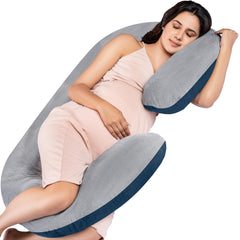 Full Body C Shape Pregnancy Pillow For Women, Maternity Pillow, Grey & Navy Blue | Pillow Gift For Pregnancy Sleeping, Premium Velvet Cover With Zip | Adjustable, Relieves Pain, Multipurpose