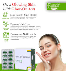Pharmazain Life Sciences Vitamin E Capsules For Face & Hair | 400mg Vitamin E Capsule For Beautiful Glowing Face, Healthly Skin, Hair & Eyes Nutrition | 50 Capsules 5 Strips , 150gm 0.3lbs