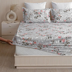 Perfect King Size Bedsheet With Two Matching Pillow Cover - 84 X 78 Inches, Grey & Peach | All Around Elastic Fitted Bedsheet | Wrinkle Free