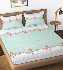 Cotton Bedsheet For King Size With 2 Pillow Cover (90 X 90 Inches) White & Green | Long-Lasting & Luxuriously Soft | 210 Thread Count Bedsheet