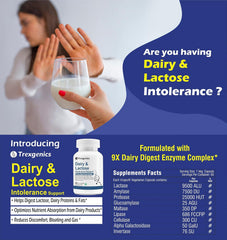 Trexgenics Dairy & Lactose Intolerence Support 9x Dairy Digest Enzyme Complex For Lactose, Dairy Fat, Protein & Carbs Digestion | 60 Veg Capsules, 100gm 0.2lbs