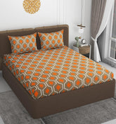 1 Double Bedsheet With 2 Pillow Covers Size 60 X 78 X 8 Inches, Brown & Orange | Cotton Feel All Around Elastic Fitted - Queen Size Bedsheets, Super Soft 320 TC
