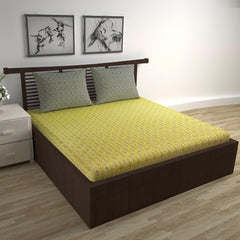 100% Pure Cotton Double Bedsheet For Queen With 2 Pillow Covers - 87 X 100 Inches, Mustard Green | Soft & Durable For Everyday Use & Bedroom - All Season Comfort