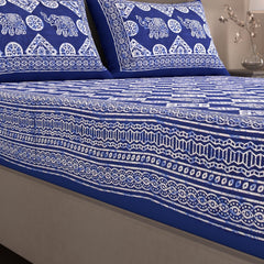 Handloom Printed Double Bedsheet For Queen Size With 2 Matching Pillow Cover | Size 90 X 100 Inches, Blue & White - Cotton Bedsheets For Double Bed | Soft & Smooth