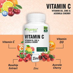 Oraganicoslim Vitamin C With Acerola Cherry, Vitamin D3, Zinc & Rosehip Extract - Antioxidant Support For Immunity, Skin, And Overall Health | 60 Capsules , 100gm 0.2lbs