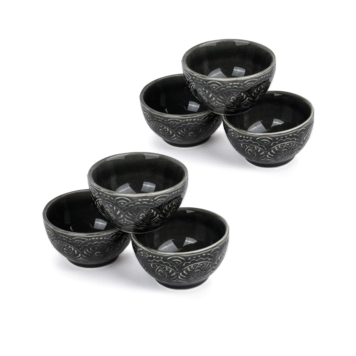 Ceramic Carving Veg Bowls Set Of 6 For Dinner - 160ml Each, Black Carving | Katori Set - Ceramic Bowls With Glossy Finish | Dessert Bowl Set - Ice Cream Bowls