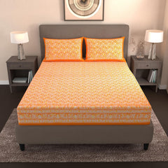 Handloom Printed Double Bedsheet For Queen Size With 2 Matching Pillow Cover | Size 90 X 100 Inches, Orange - Cotton Bedsheets For Double Bed | Soft & Smooth