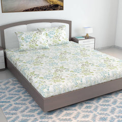 100% Cotton Double Bedsheet For King Size With 2 Pillow Covers | 108 X 108 Inches, White & Green - Perfect For Home, Guest House, Hotel | Soft, Breathable & Comfortable
