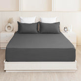 210 TC Cotton Double Bed Fitted Bedsheets With 2 Pillow Cases - 78 X 72 Inches, Grey | Satin Stripes Wrinkle Free | Comfortable Fabric Bedsheet