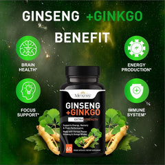 Mexmy Feel Eighteen Triple Korean Panax Ginseng + Ginkgo Biloba Supplement Capsules For Energy, Memory & Peak Performance | Cognitive Support, Mental Clarity & Stamina | 60 Capsules 100gm 0.2lbs