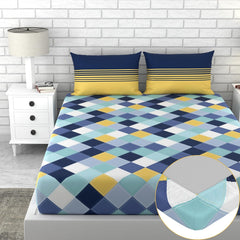 King Size Printed Bedsheet For Double Bed 2 Pillow Cover - 72 X 78 Inches, Blue & Yellow | All Around Elastic Fitted - Ultra Soft & Breathable