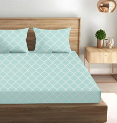 King Size Fitted Bedsheet With 2 Large Pillow Covers - 108 X 108 Inches, Sea Green & White | Soft, Breathable & Durable | Wrinkle Resistant