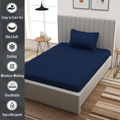 Striped Single Bedsheet With 1 Pillow Cover 60 X 90 Inches, Navy Blue | Comfortable & Durable | Elegant Printed Bedding Set For Daily Use